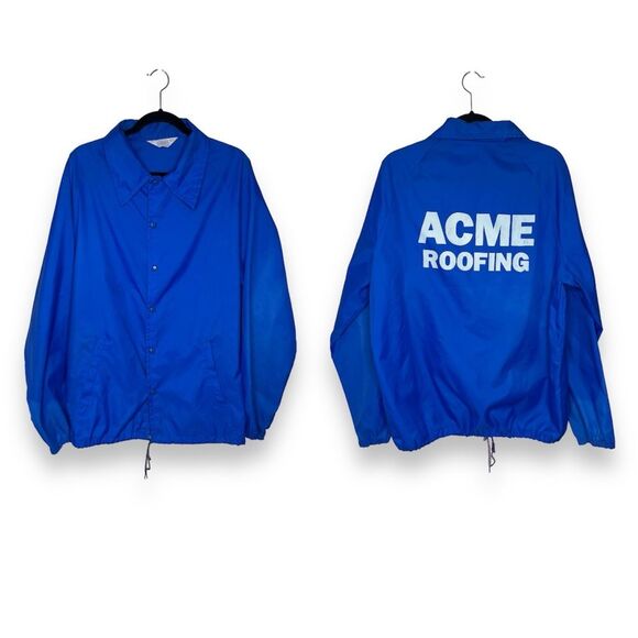 Vintage 70s Warwick Acme Roofing Blue Windbreaker Coach Work Jacket Men Large - Picture 1 of 16